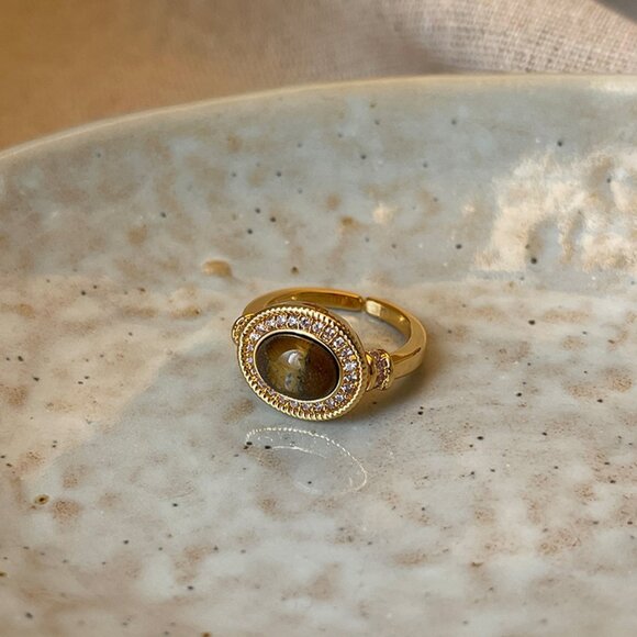 Jewelry - Gold Open Ring Oval Stone Ring Adjustable Ring Rhinestone Halo Ring Vintage